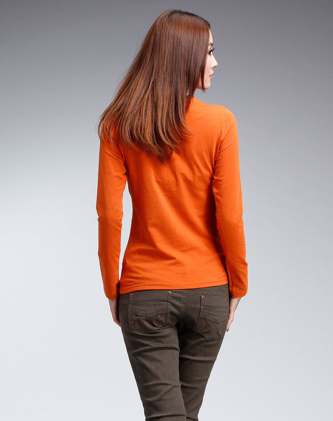 深橙色印图镶珠片长袖t恤