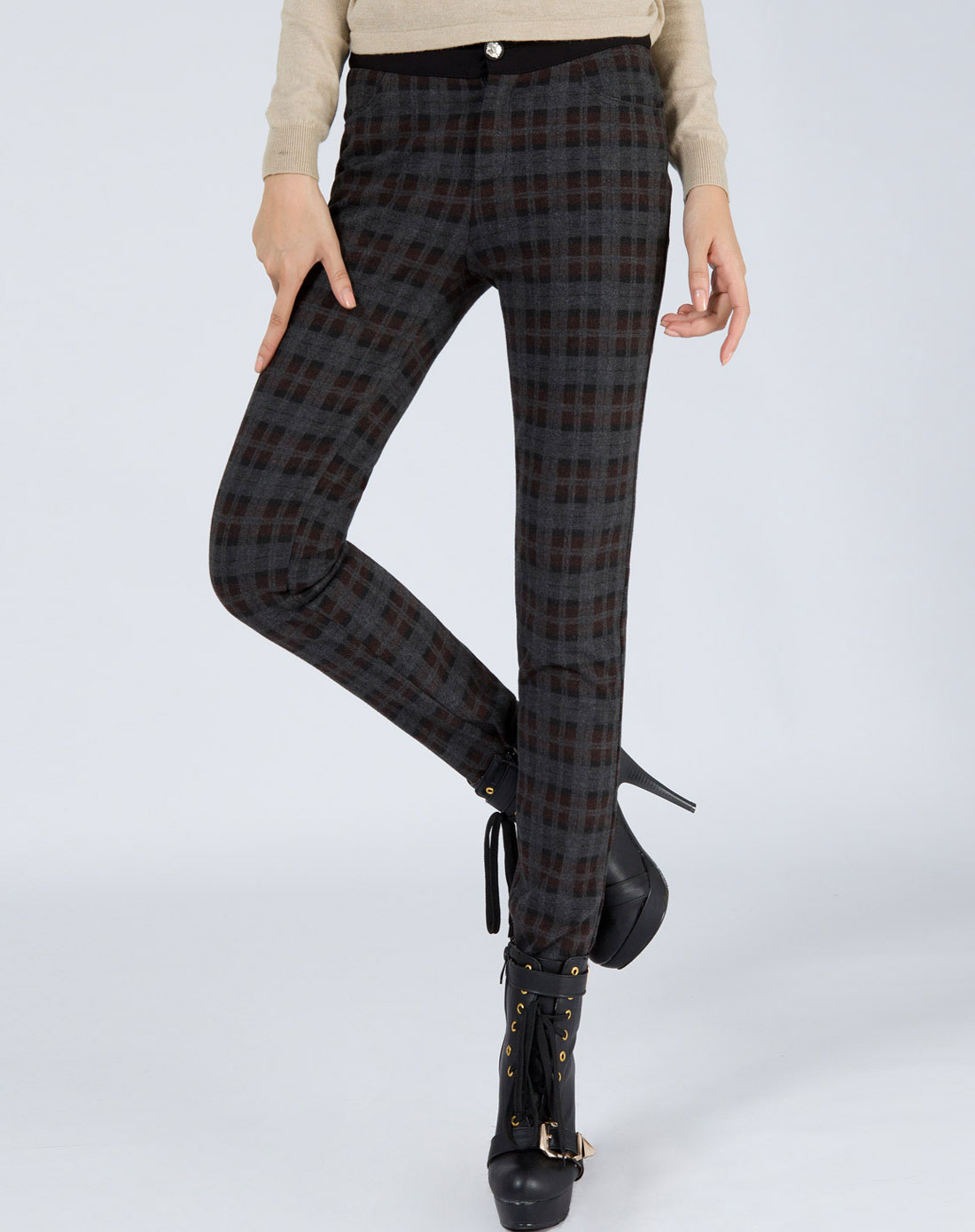 女款红灰格保暖苏格兰格子小脚裤