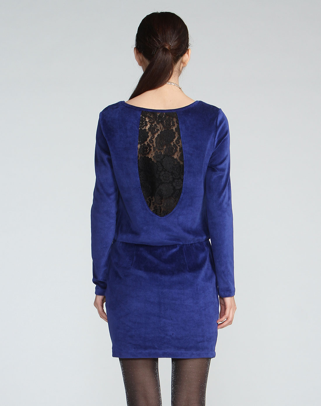 深蓝色优雅拼蕾丝长袖连衣裙