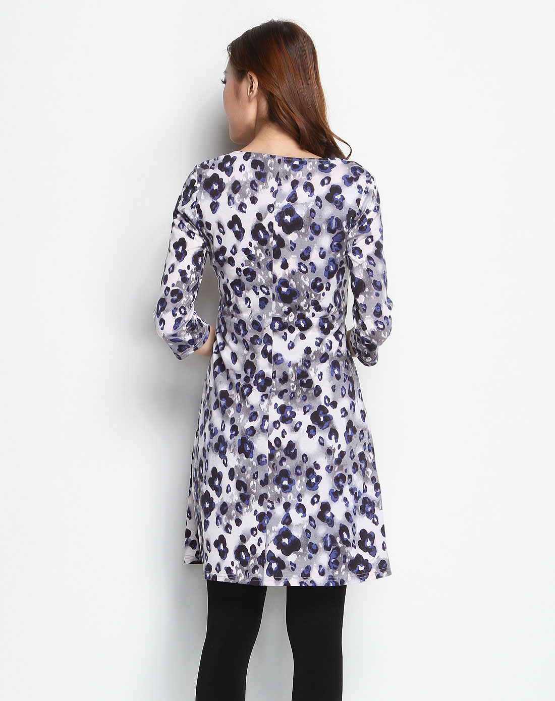 福柯斯focals 豹纹蓝灰色针织中袖连衣裙