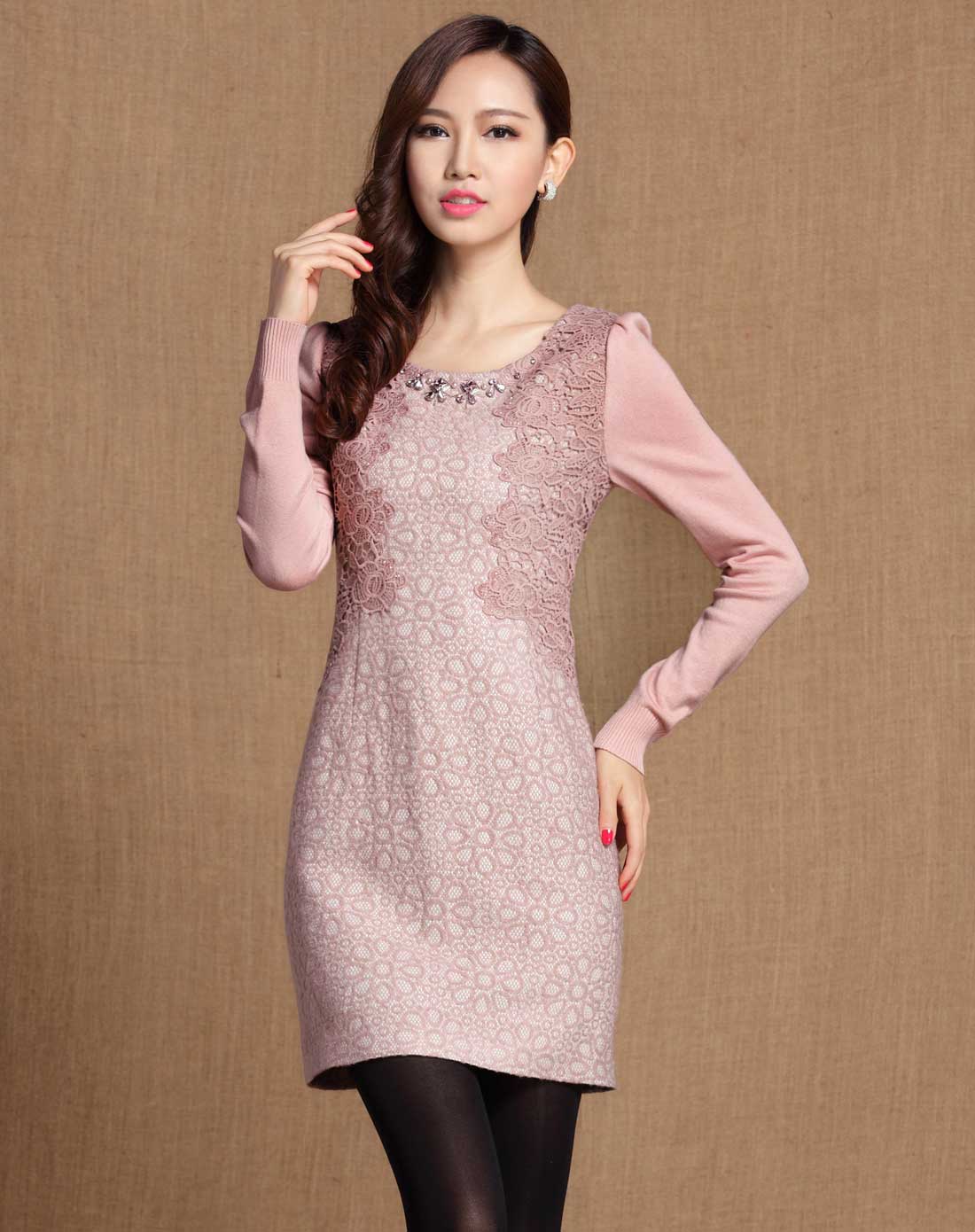 洛诗琳luxlead粉红色蕾丝拼钉珠提花长袖连衣裙ddr5083400_唯品会