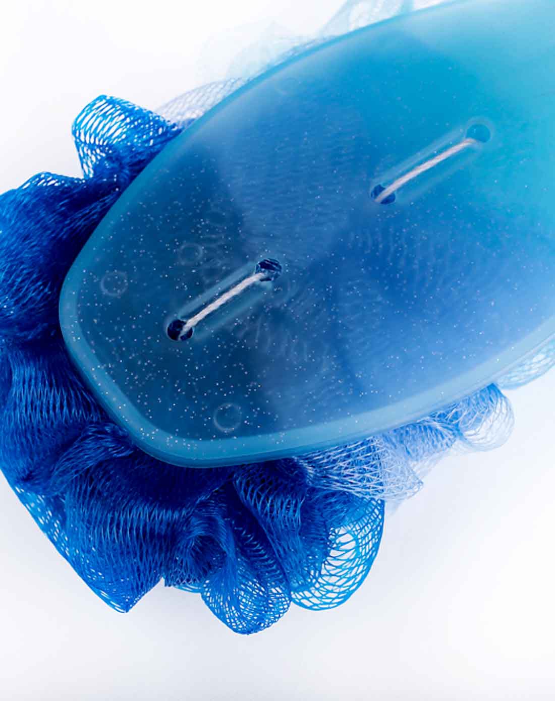 蓝色长柄沐浴球按摩浴花