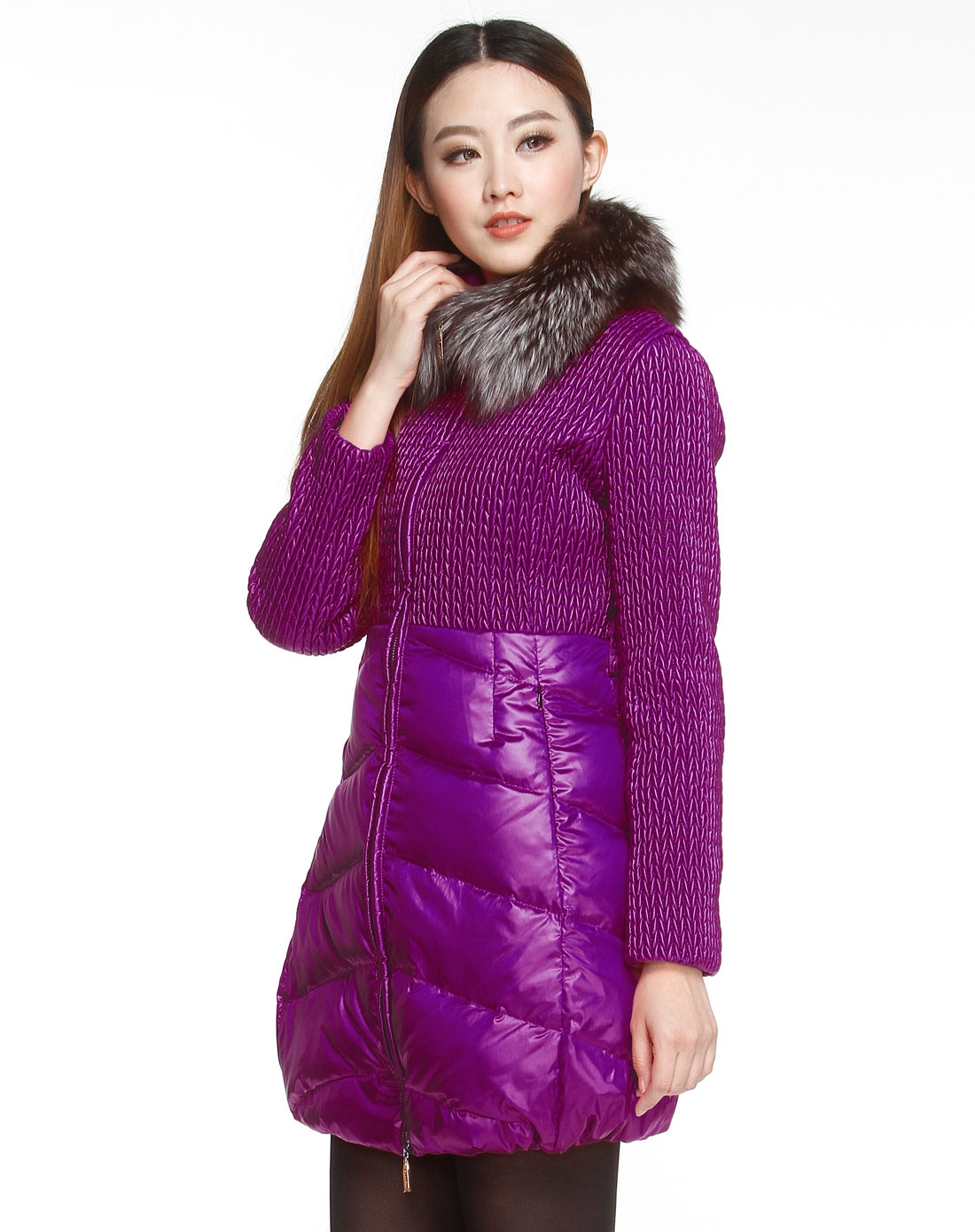 玫紫色淑女舒适长款长袖羽绒服