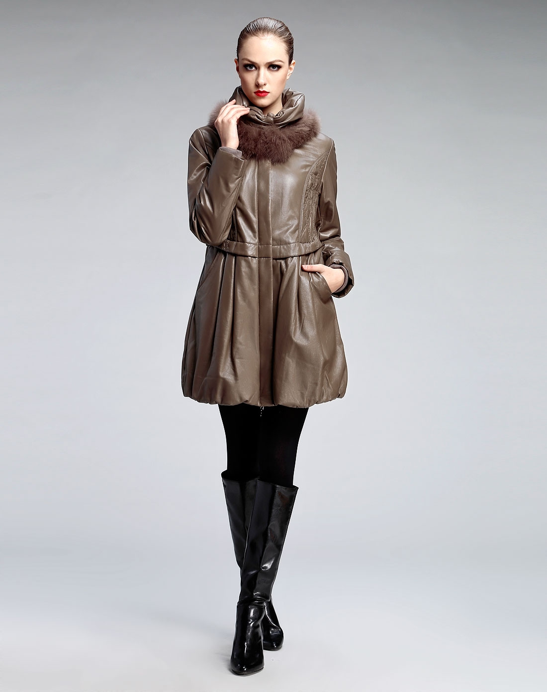 斯尔丽sierli皮草灰驼色中长款毛条装饰长袖皮衣1e062840_唯品会