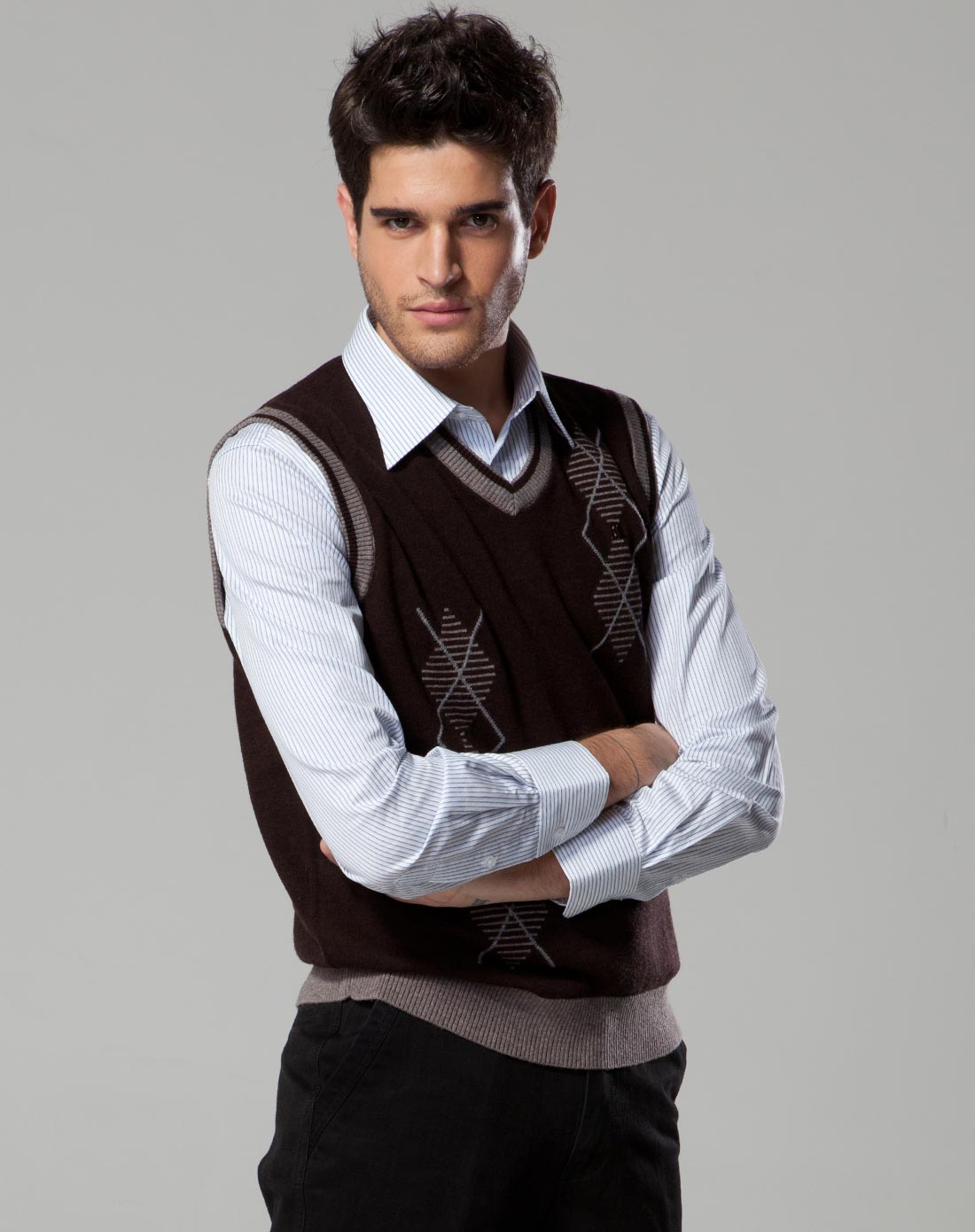 杉杉firs 啡色v领织纹100%羊毛背心