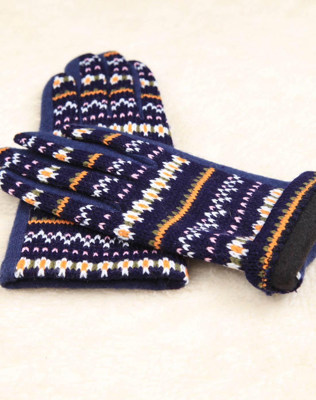 女款藏蓝色时尚花纹手套