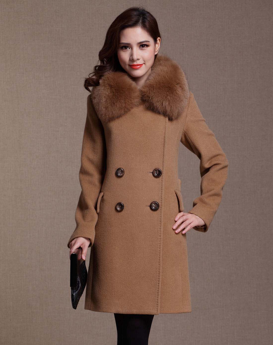 驼色长袖修身羊绒大衣外套