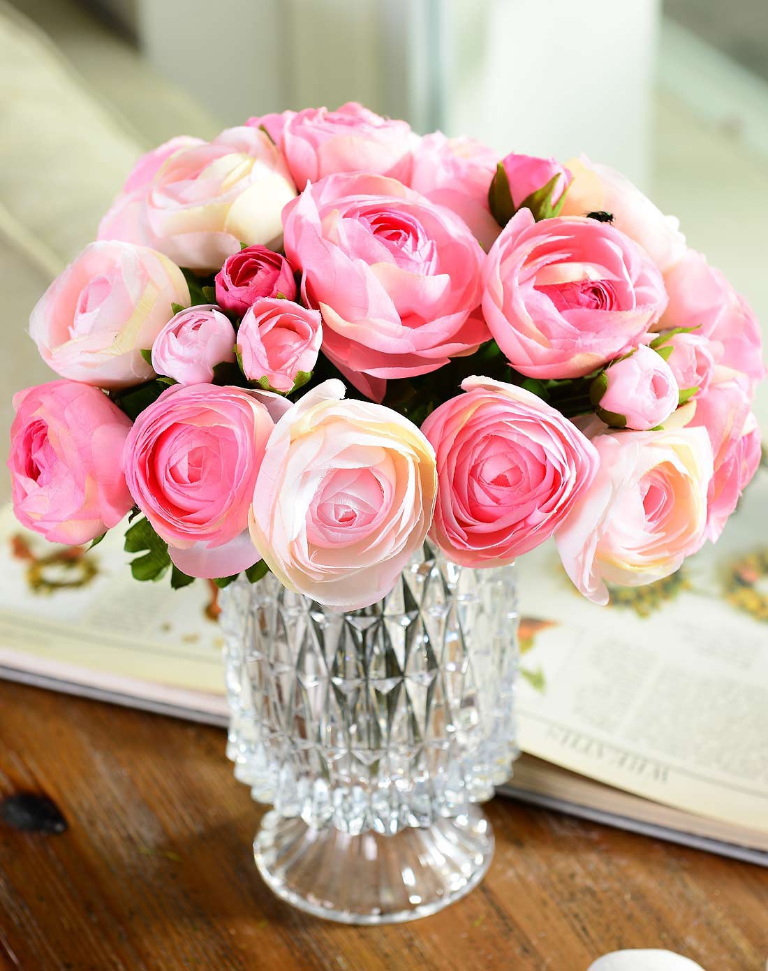 整体花艺 璀璨玻璃花瓶 6头3蕾手札露莲粉色3束