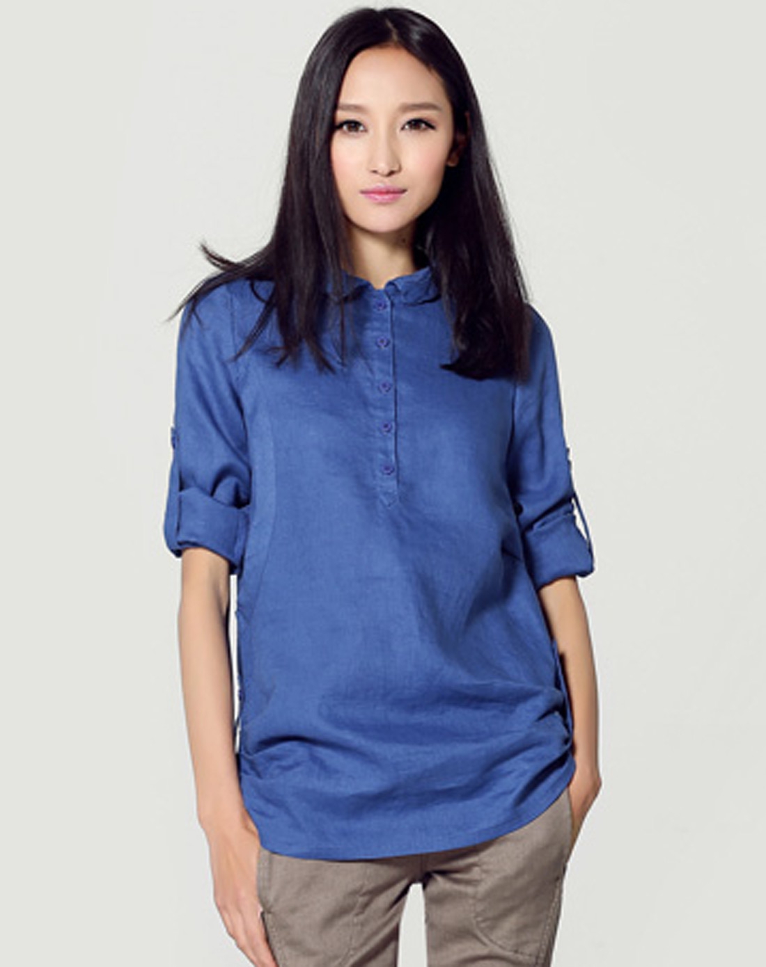 蓝色开衫亚麻打底衫