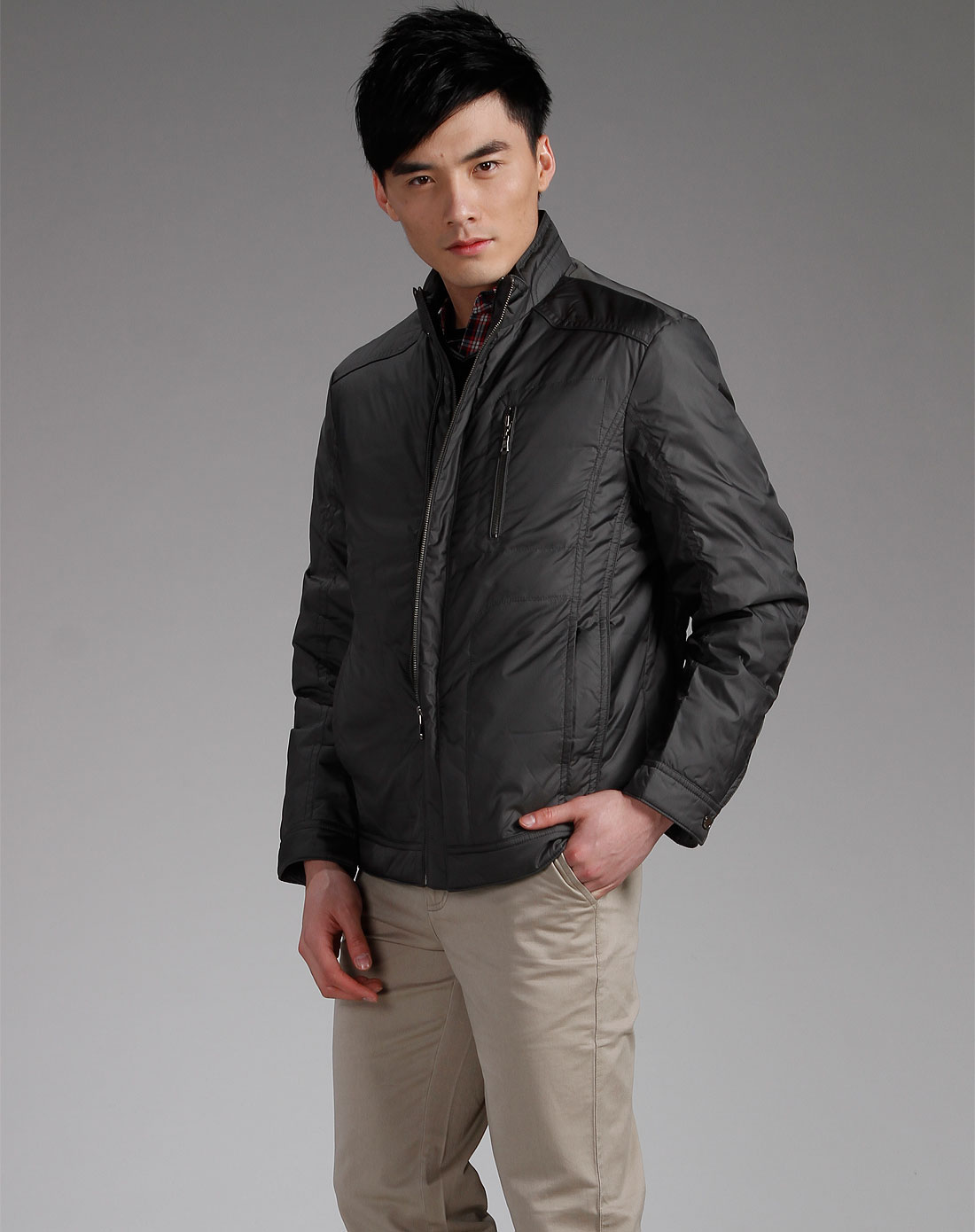 宾度j.benato男装专场-深灰色立领长袖羽绒服