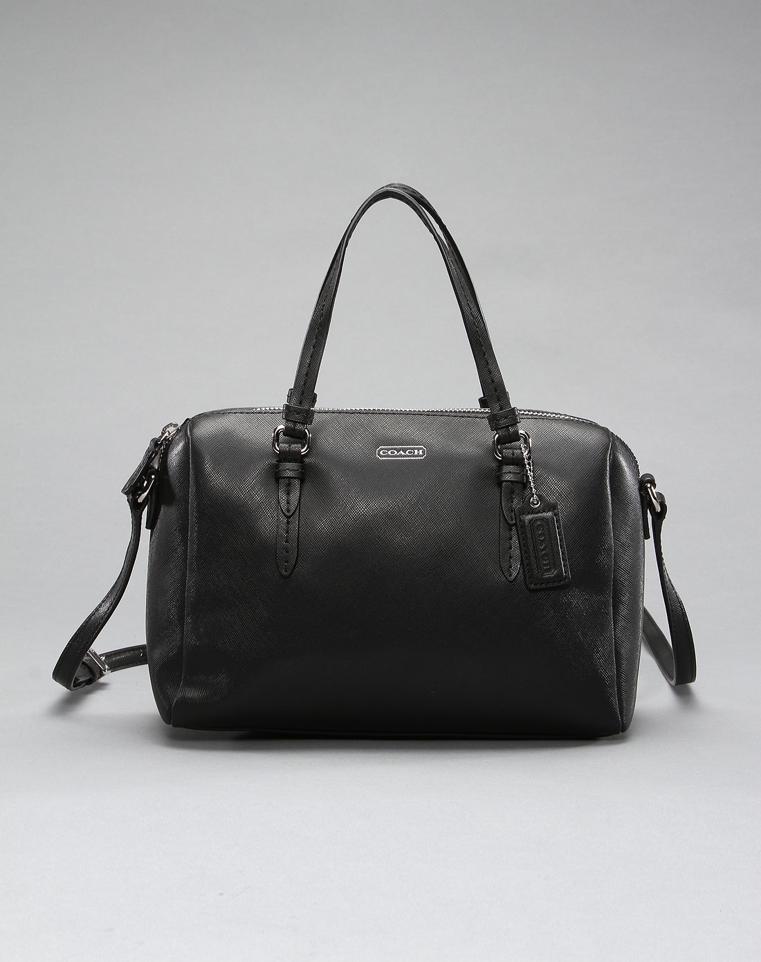 女士经典黑色十字纹皮革波士顿单肩手提包