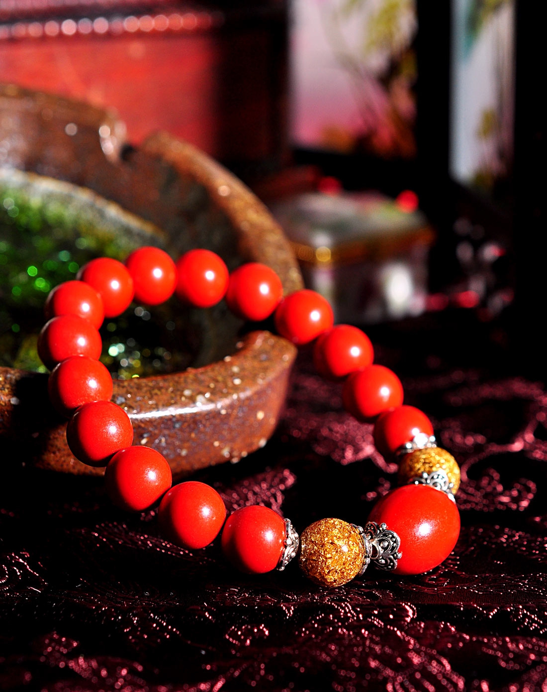 蒂婼伊tinoyi珠宝专场天然朱砂(压制)金泊手链d1402b0080_唯品会