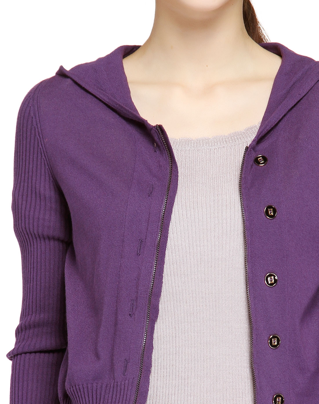 深紫色连帽百搭长袖针织外套