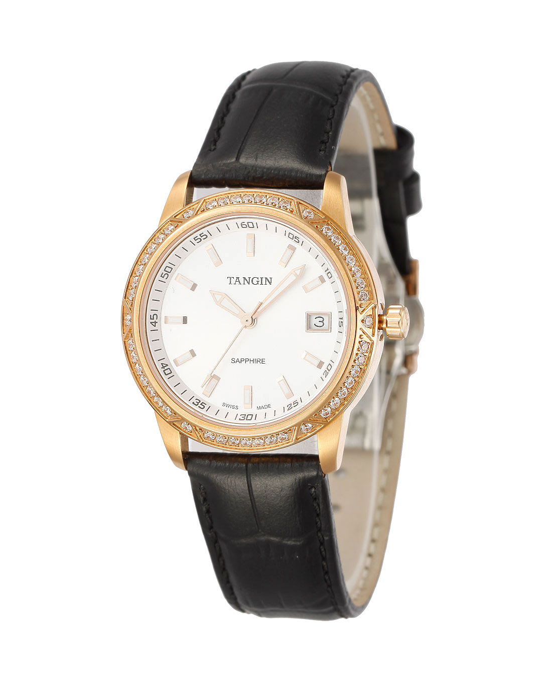 天骏tangin手表-女款玫瑰金/白/黑色镶钻时尚石英表