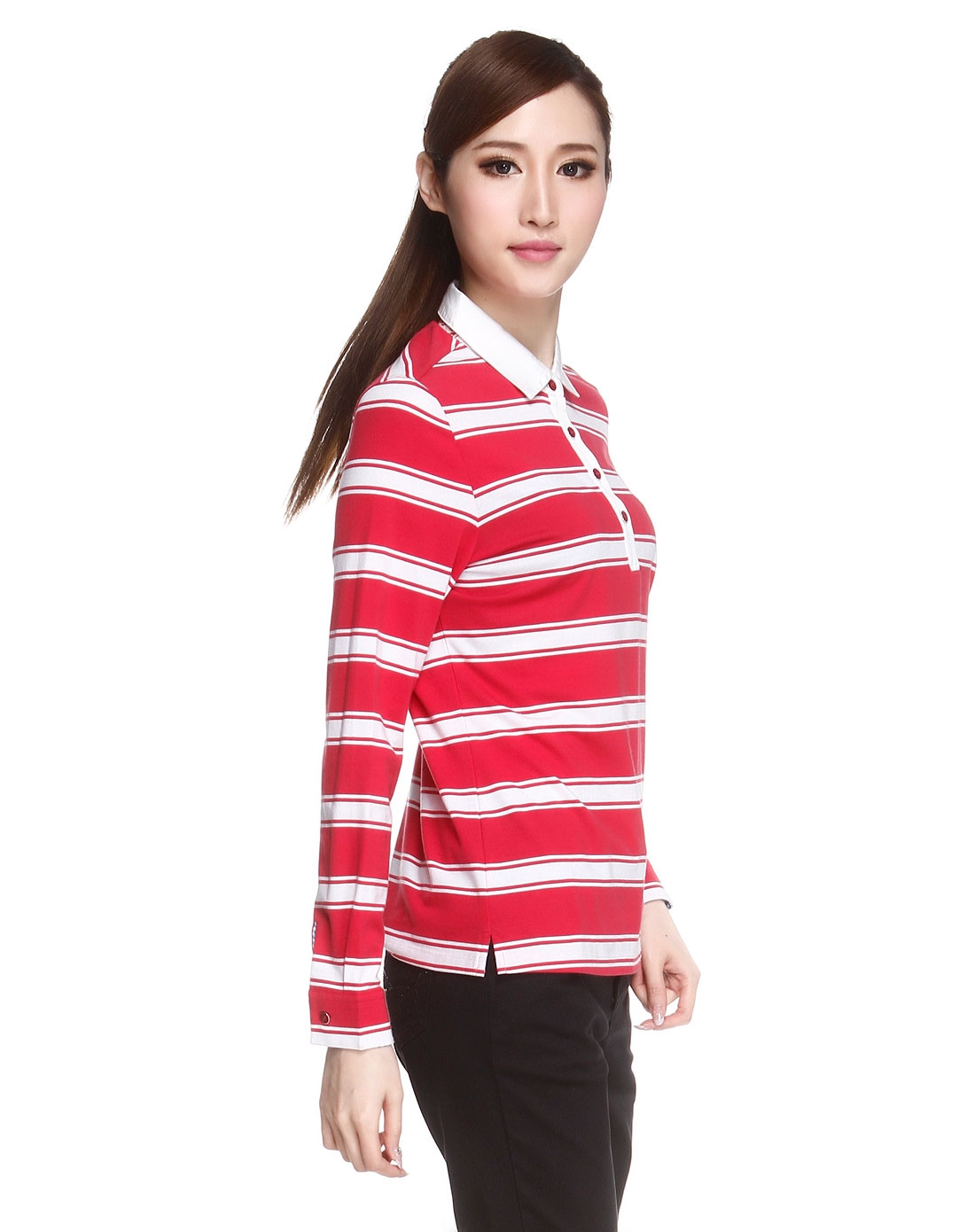 柔软亲肤条纹女款浅红色长袖polo衫