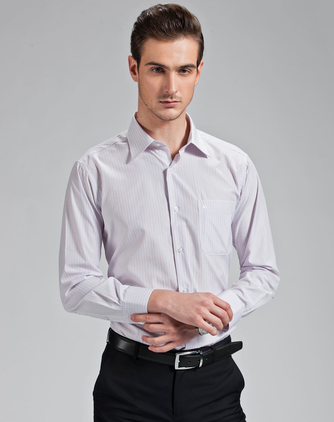 杉杉欧式休闲紫色竖暗纹衬衫