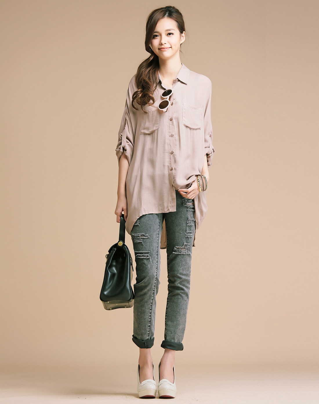 宽松舒适奶咖啡色长袖衬衫