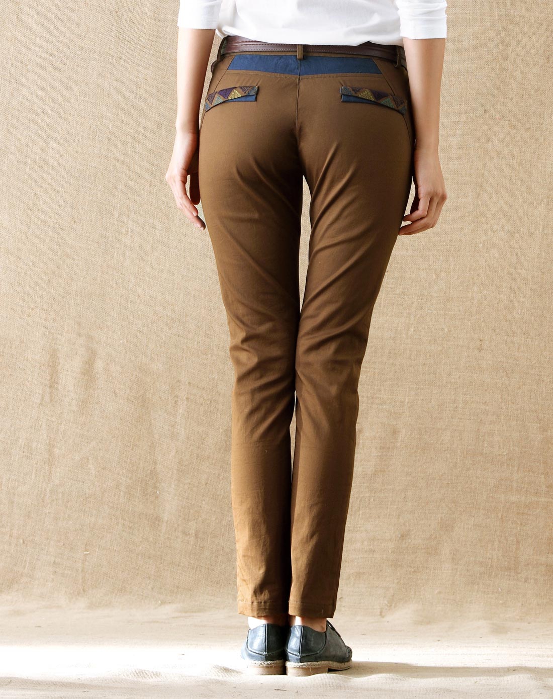 深红棕色休闲拼接斜口袋长裤