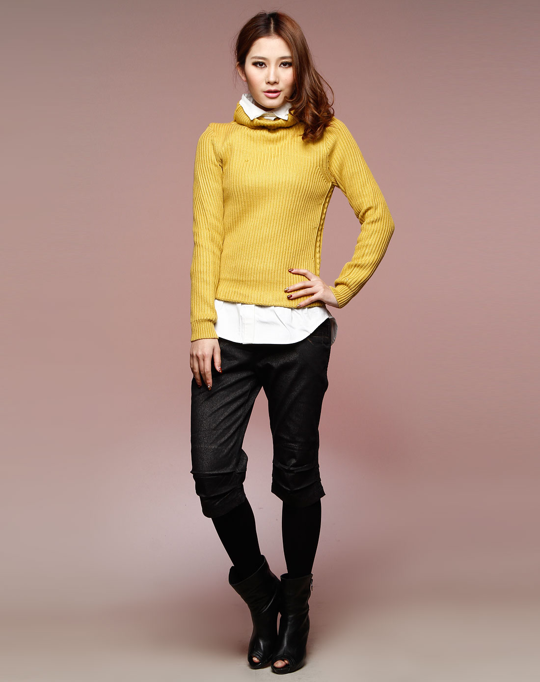 艾维ivy/kki 黄/白色假两件长袖针织衫