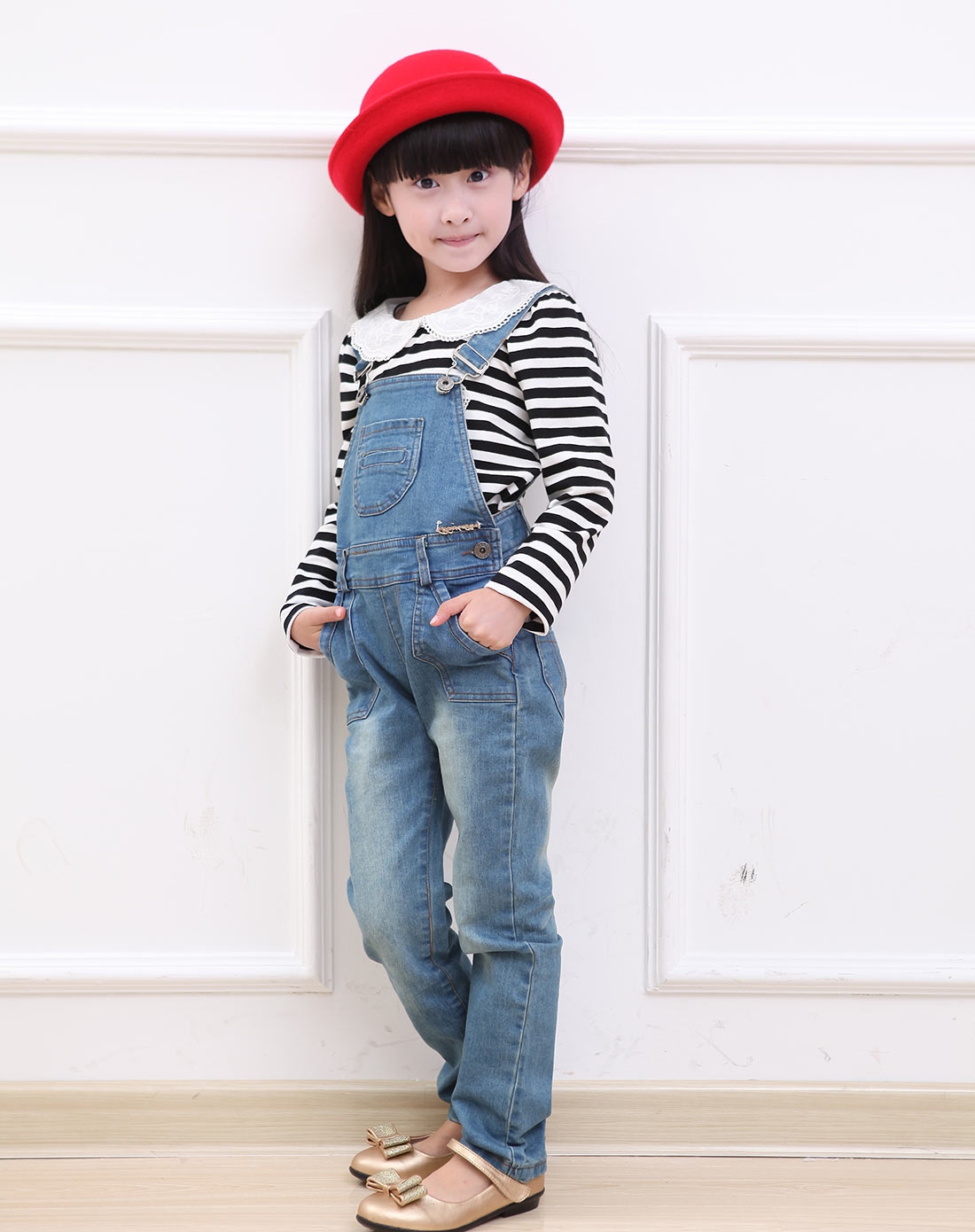 女童牛仔蓝背带裤