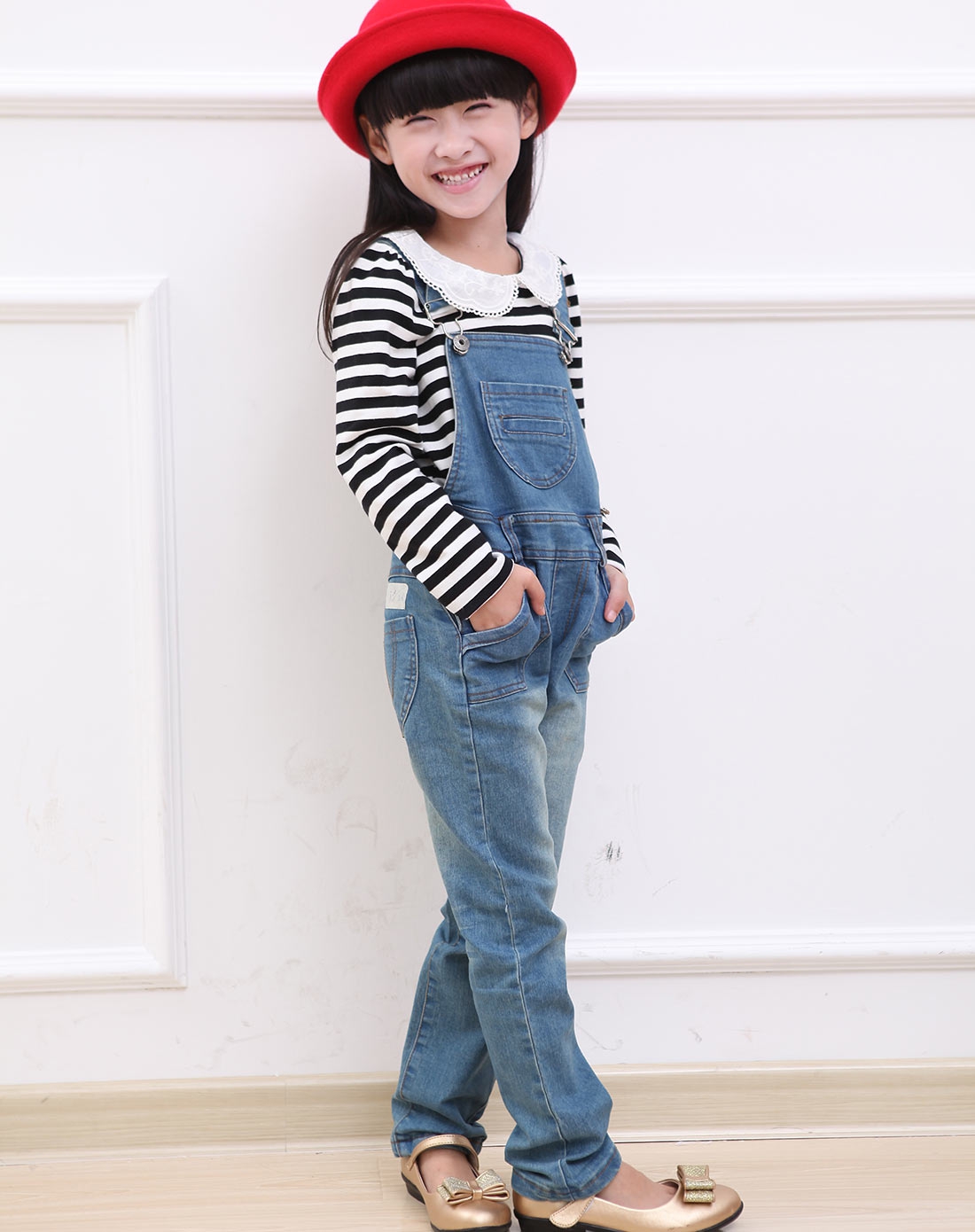 女童牛仔蓝背带裤