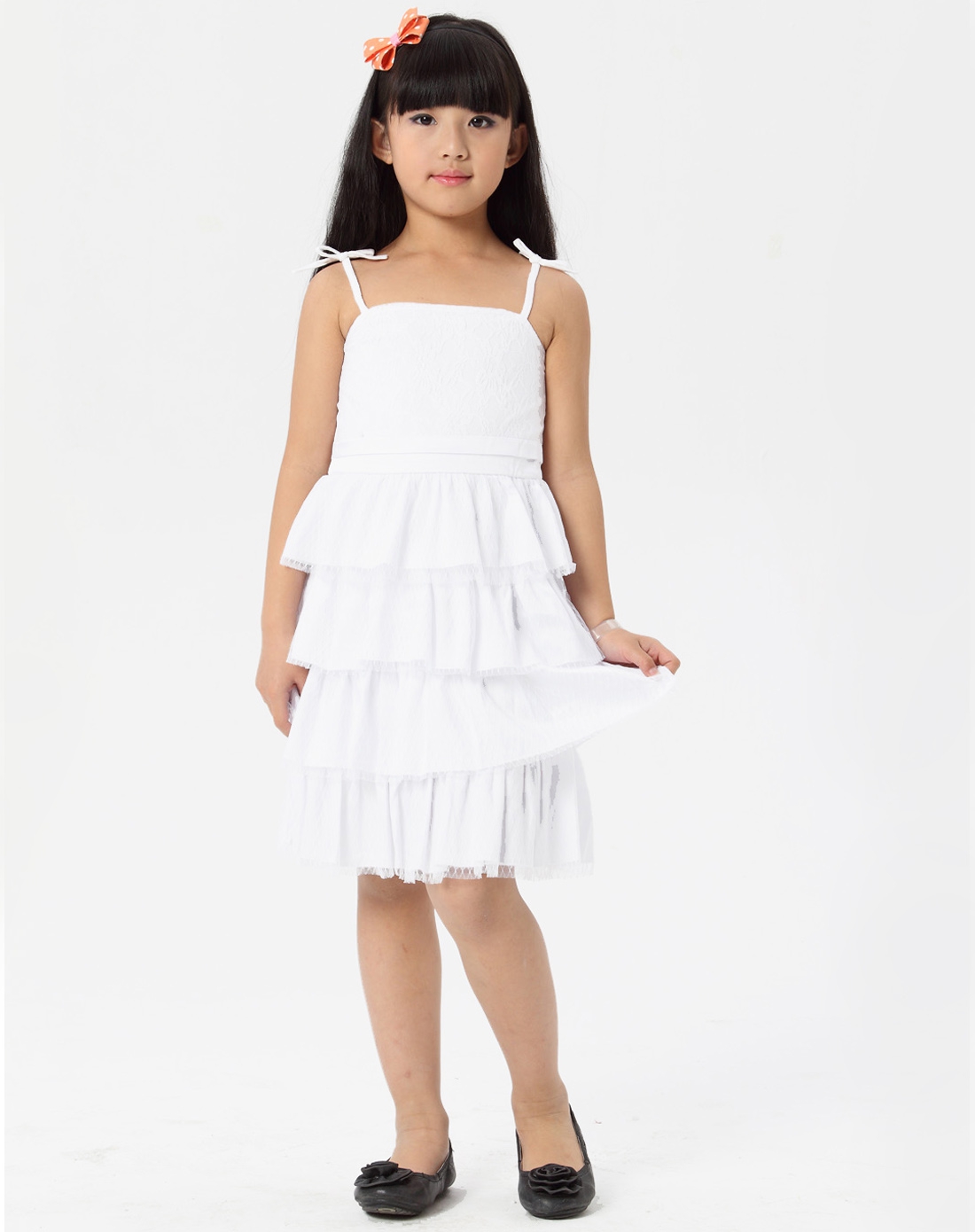 女童白色梭织吊带连衣裙