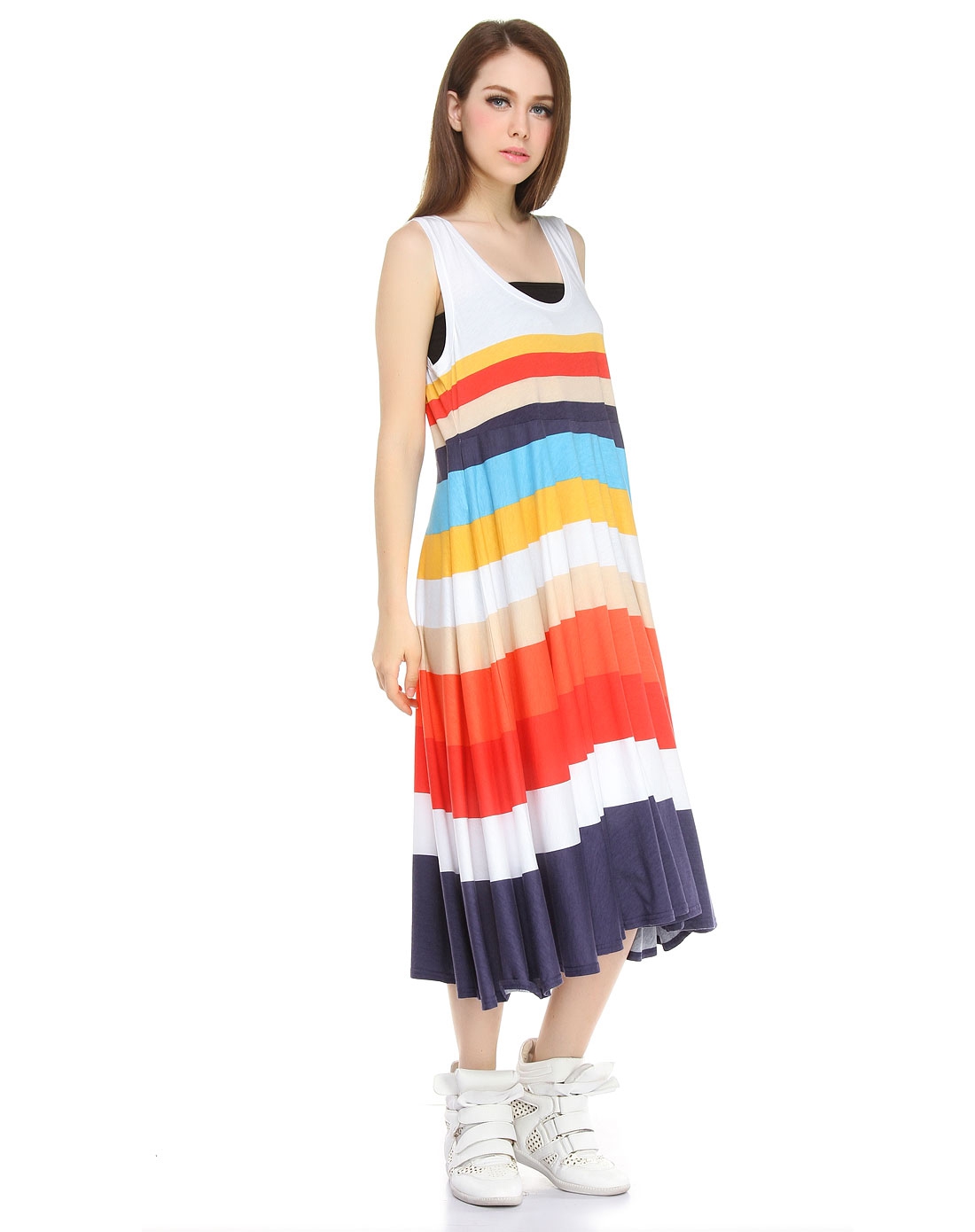 鳄鱼lacoste女装专场-女款彩色条纹休闲无袖连衣裙