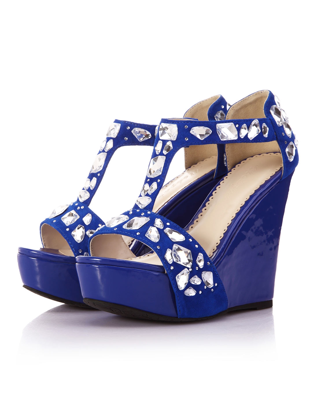 女款蓝色羊猄皮高档亚克力钻坡跟高跟凉鞋