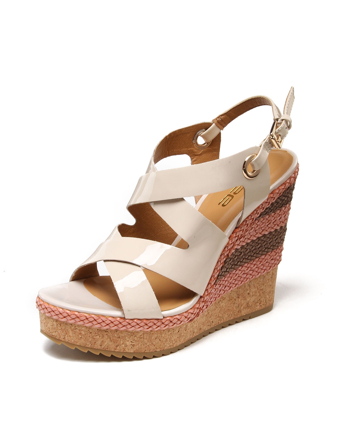 休闲亮面米白色坡跟鞋