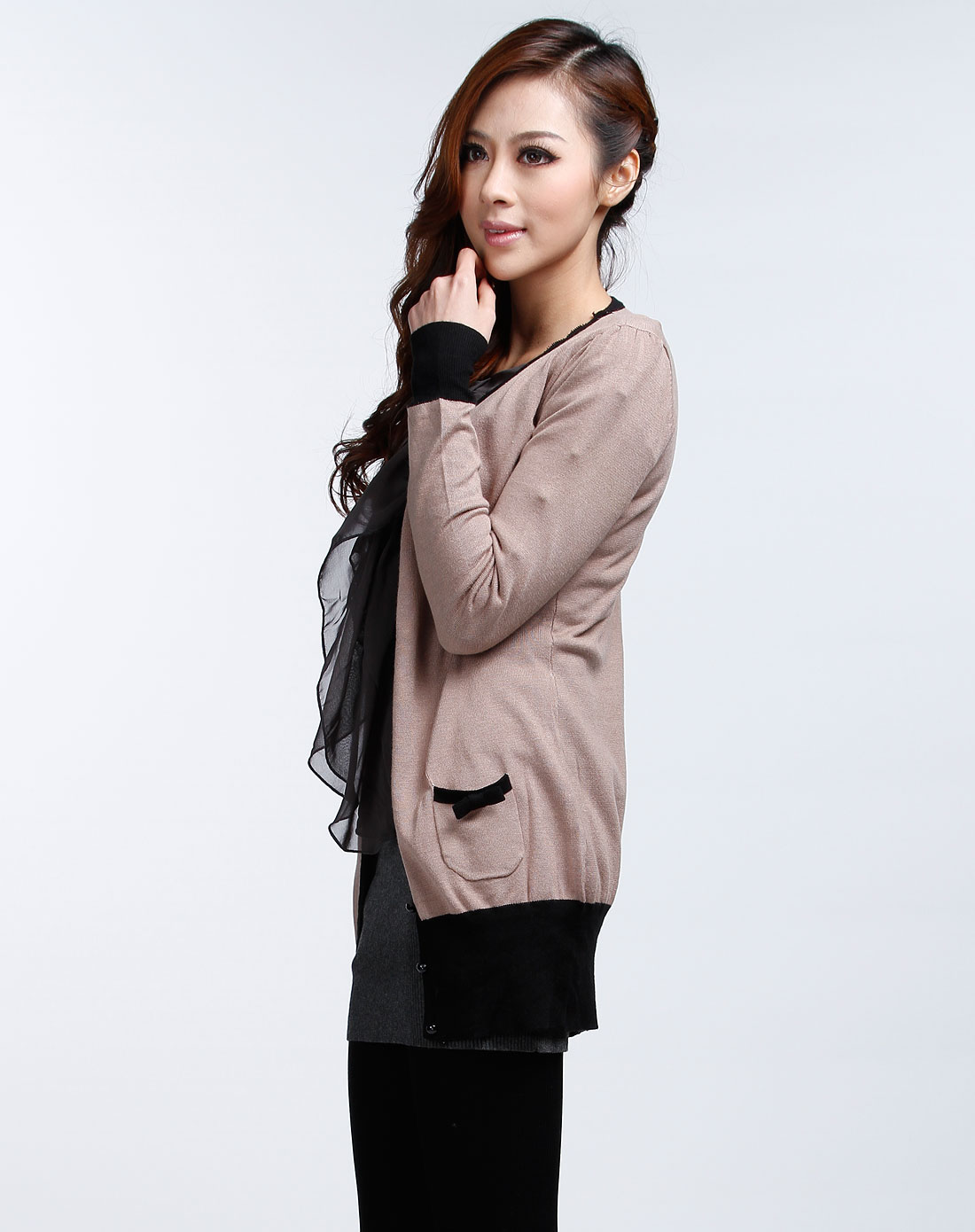 深驼/黑色休闲长袖针织衫