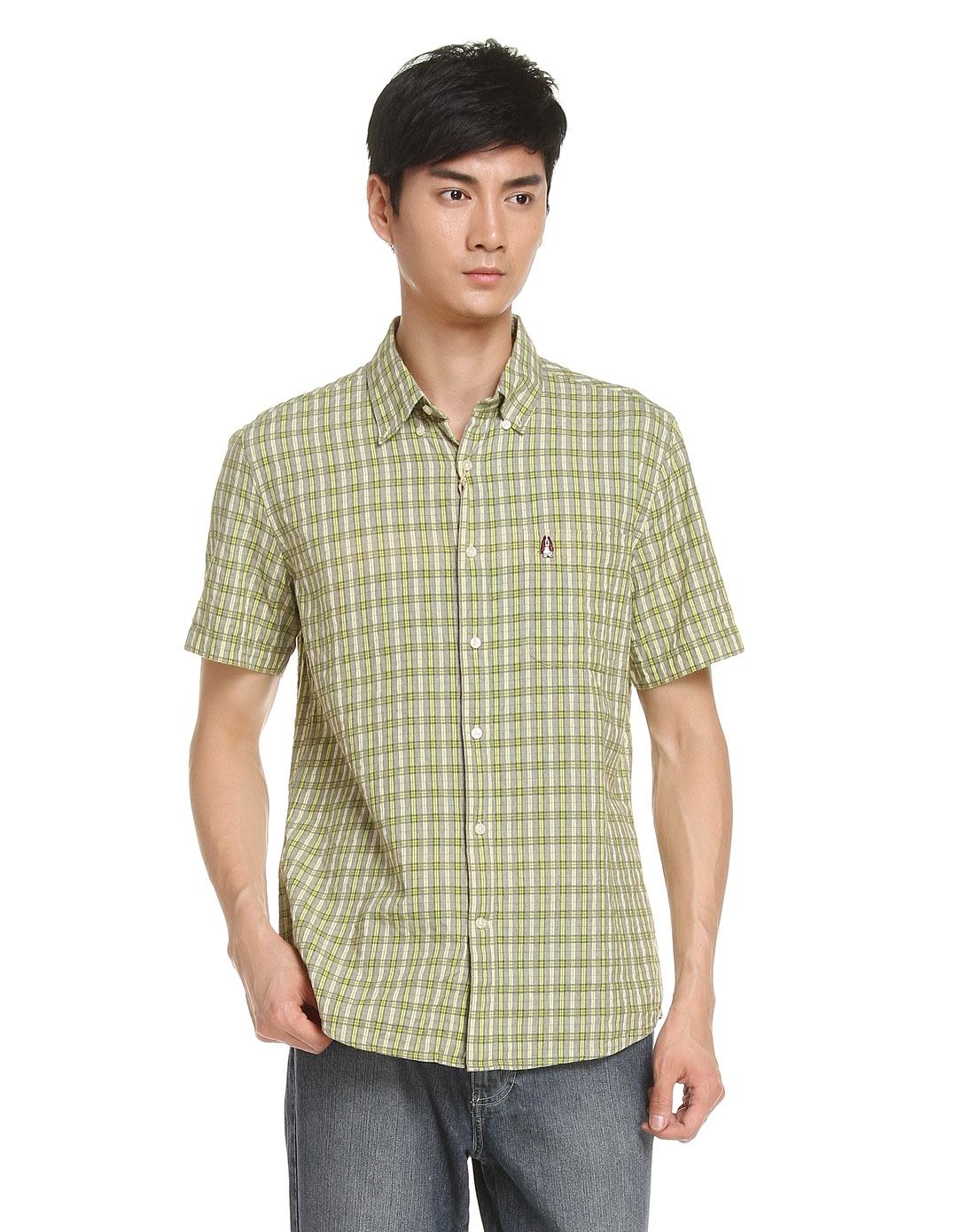 男款绿色短袖休闲格子衬衫