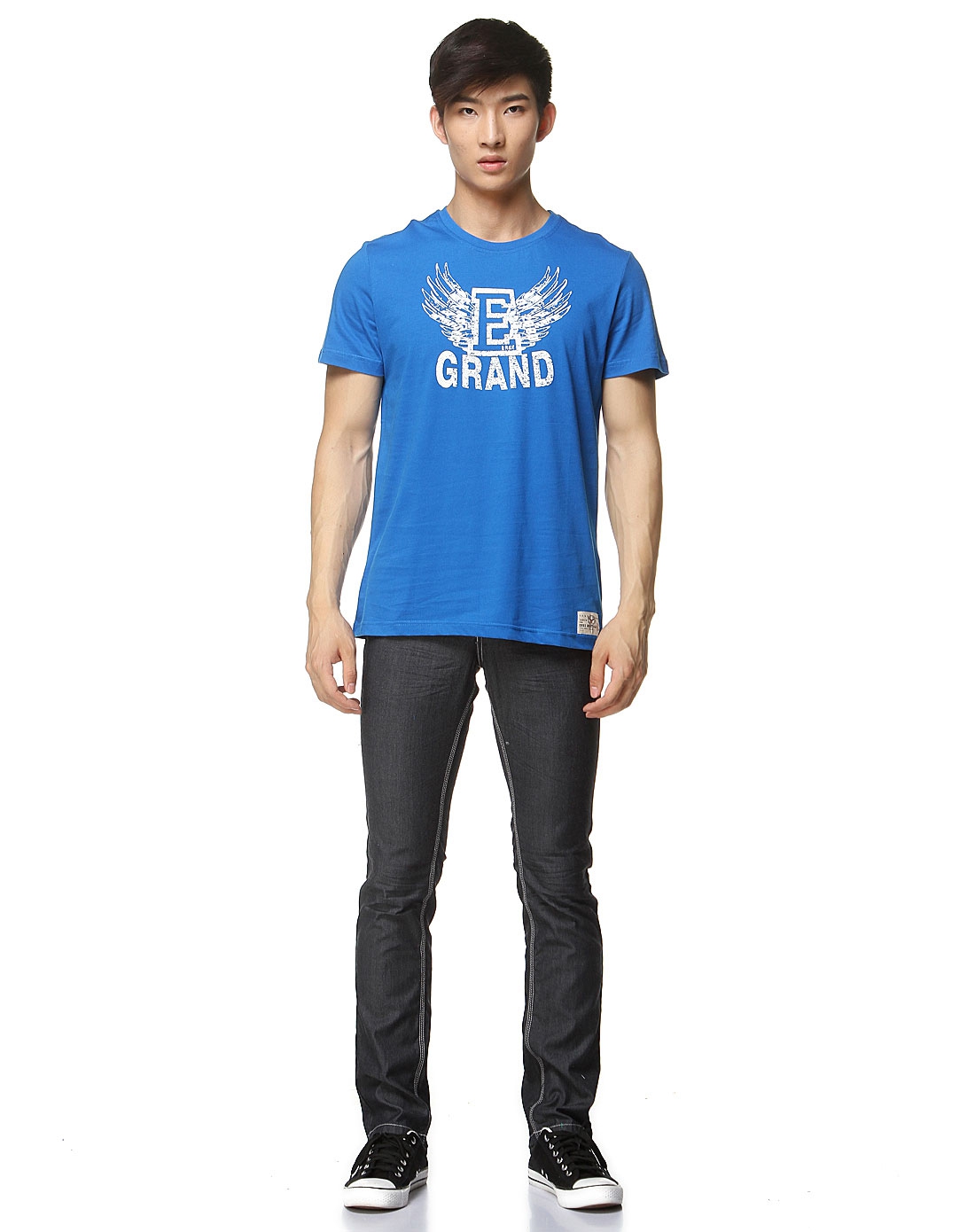 鸿星尔克erke男女混合专场-圆领印纹休闲男款彩蓝色短袖t恤