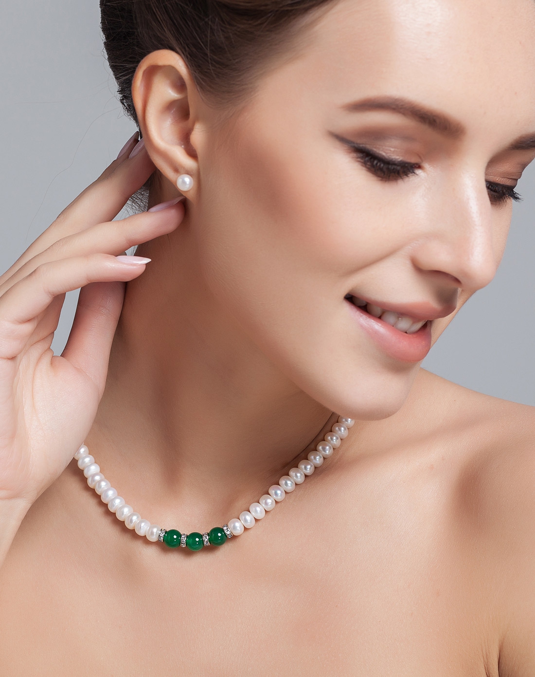 > 天然珍珠项链配绿玛瑙富贵吉祥扁圆7-8mmbzx136(附质检证书)