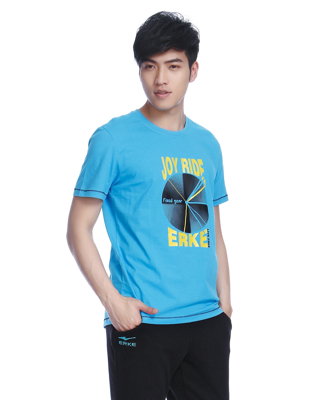鸿星尔克erke男女装混合专场-纯棉圆领城市图标系列男款河蓝色短袖t恤