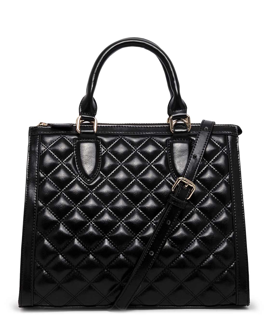 黑色牛皮菱格纹正方形手提包