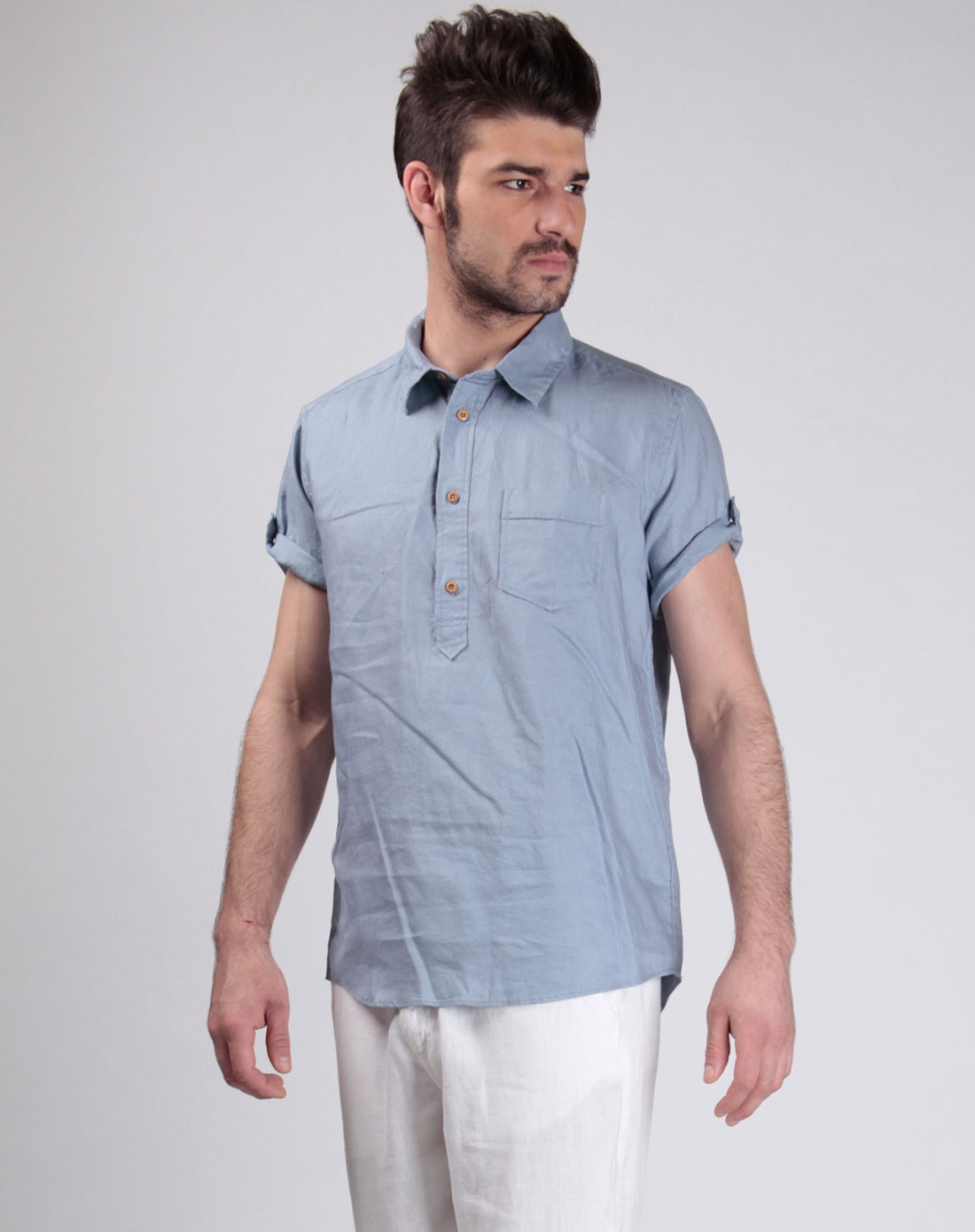 浅蓝色ak全麻半门襟短袖衬衫