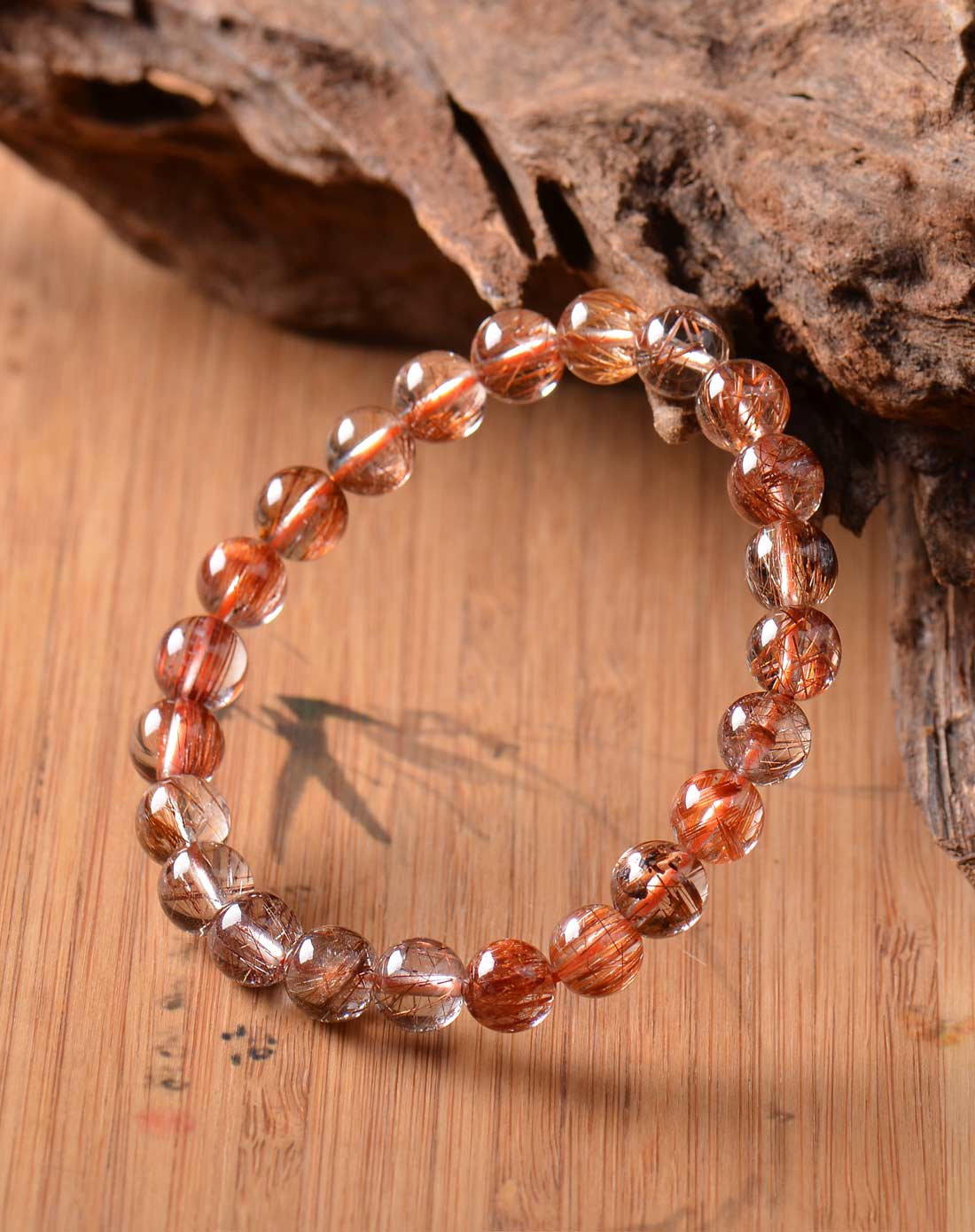 中性棕色天然铜发晶圆珠手链(附证书)