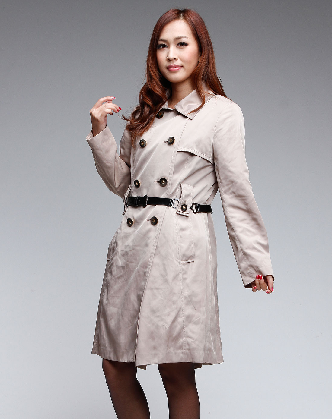 斯尔丽浅啡色双排钮反领腰带长袖风衣9a018-710_唯品会