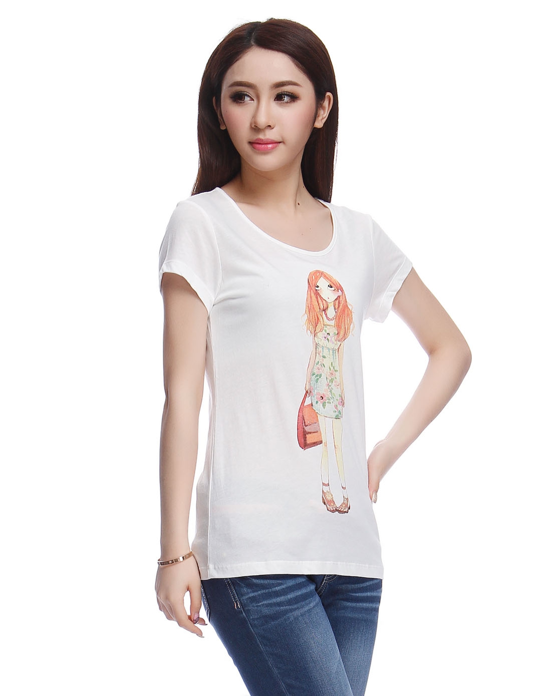 女款少女印花白色短袖t恤
