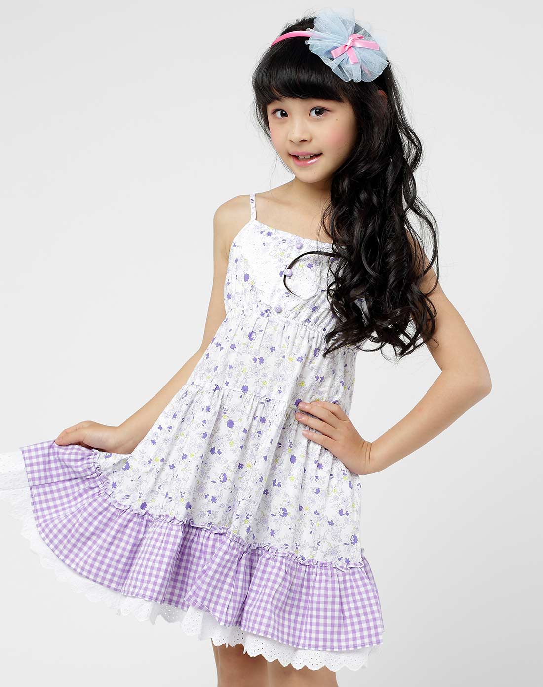 女童紫色花吊带连衣裙