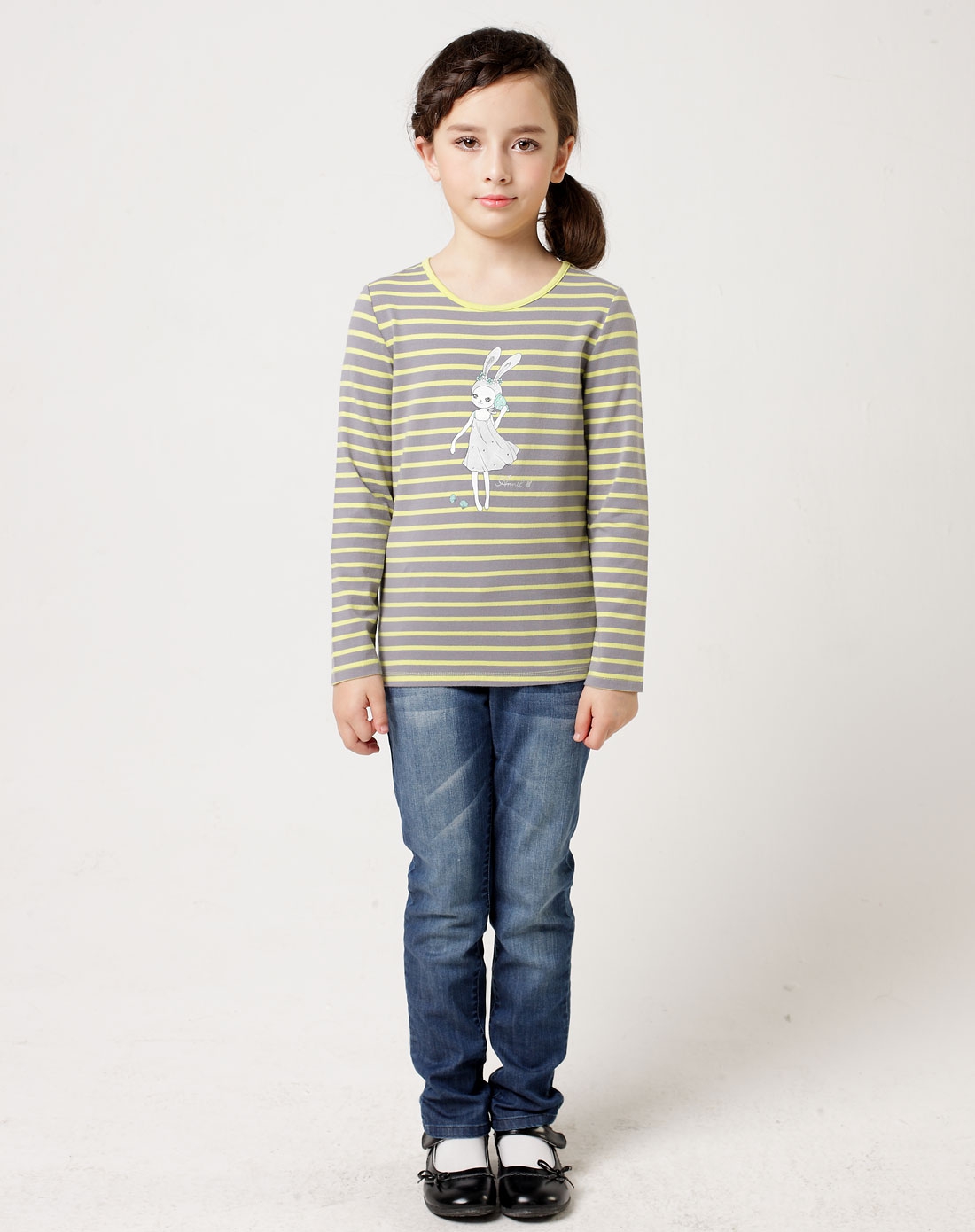 安奈儿annil男女童装混合专场-女童绿灰两色条圆领长袖针织衫