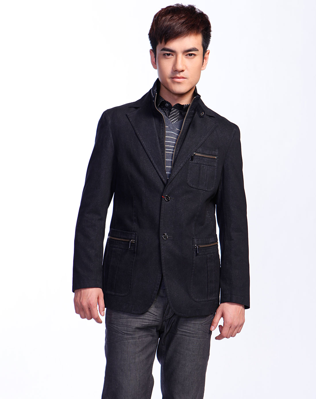 黑色假两件长袖西装外套