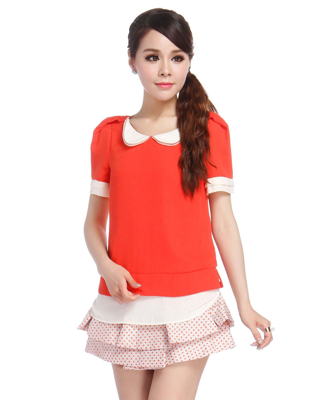 甜美娃娃领红色短袖雪纺衫