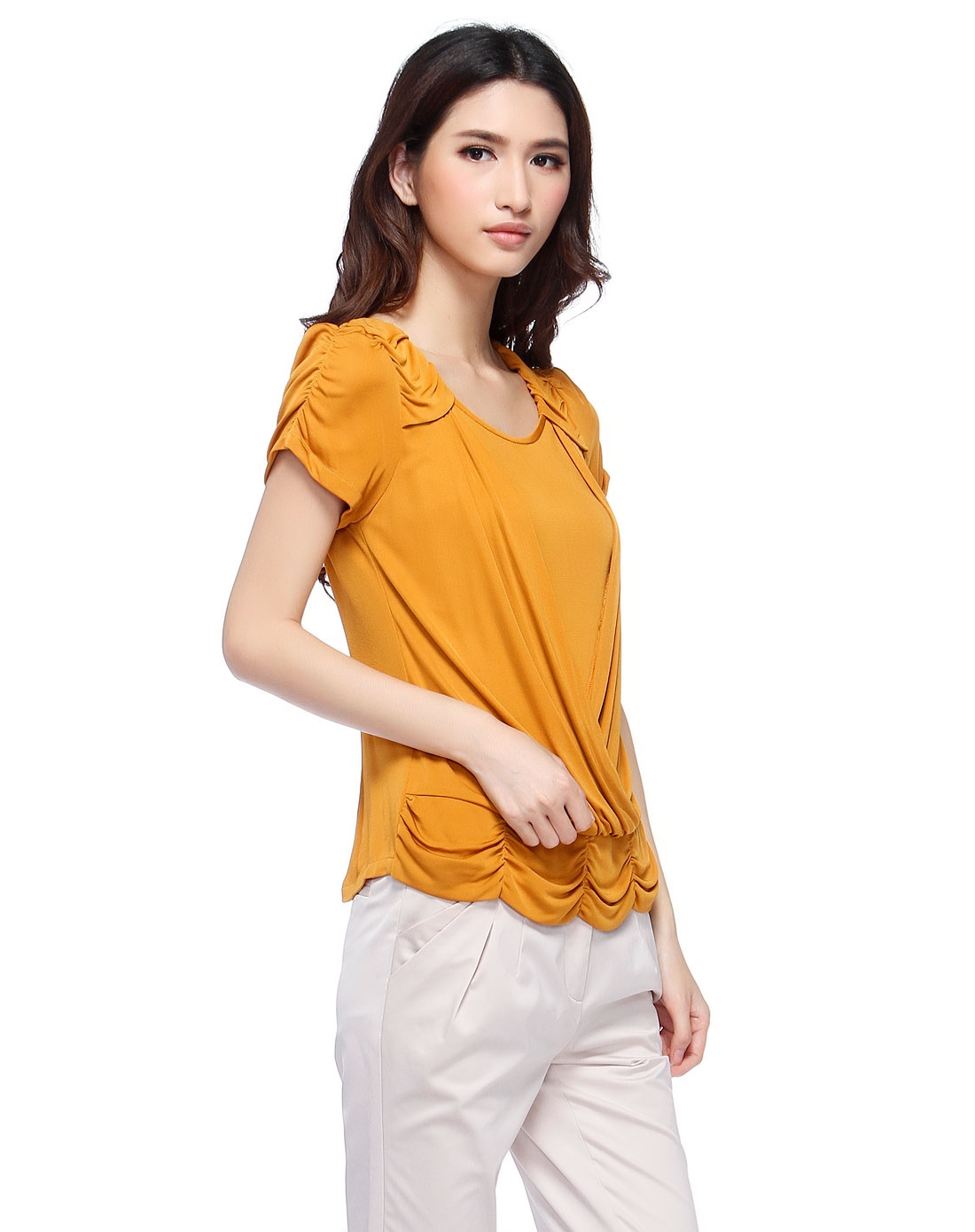 土黄色素雅简约假两件短袖上衣