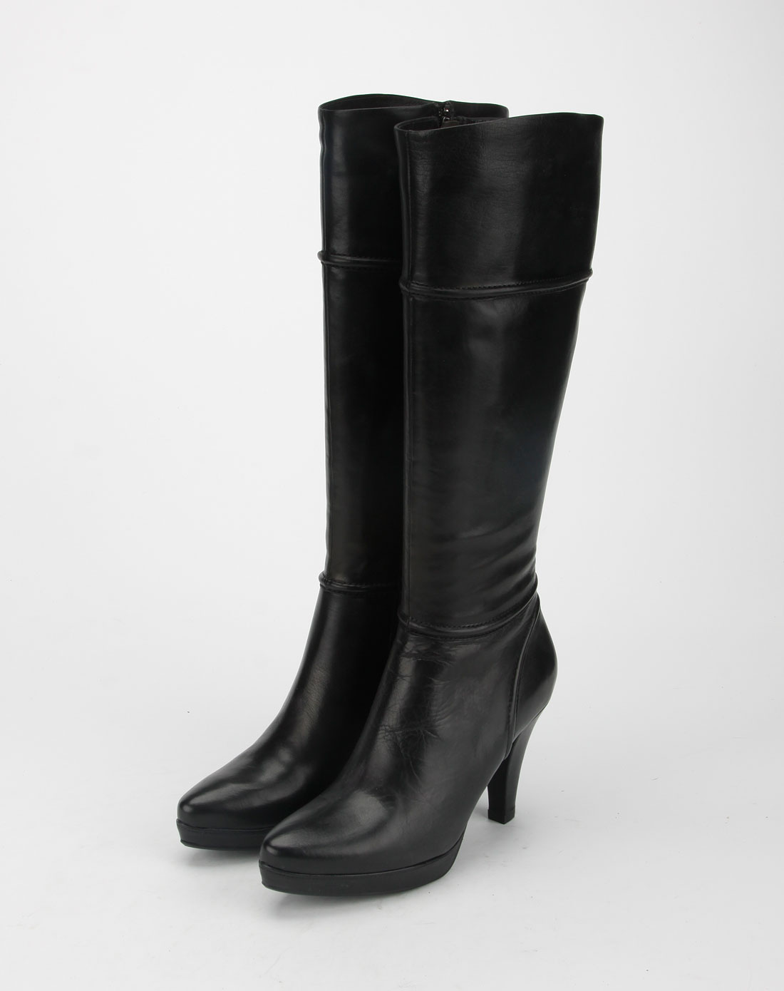 女鞋库存专场-elle 黑色拉链高跟时尚皮靴