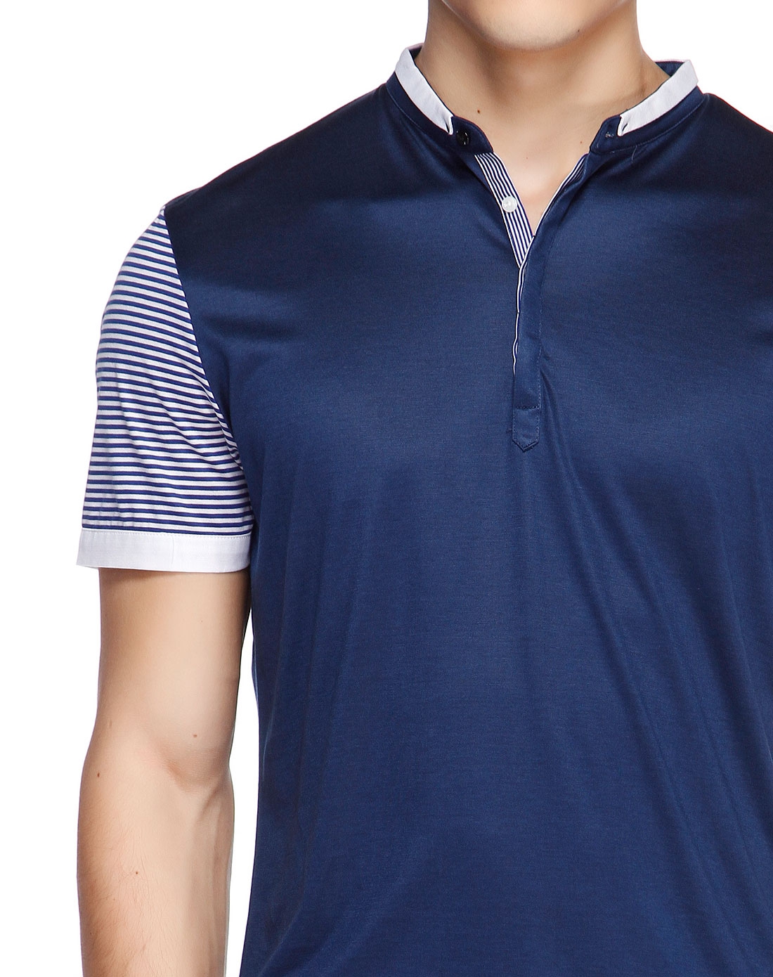 藏蓝色拼布短袖t恤