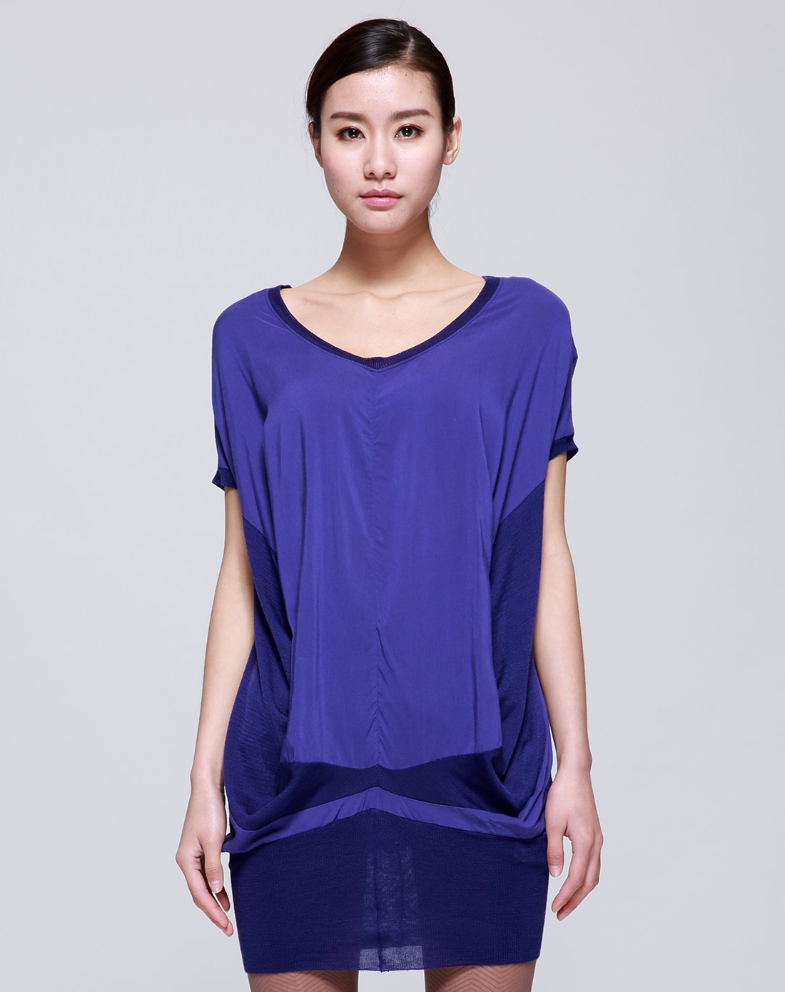 蓝紫色个性短袖长款t恤