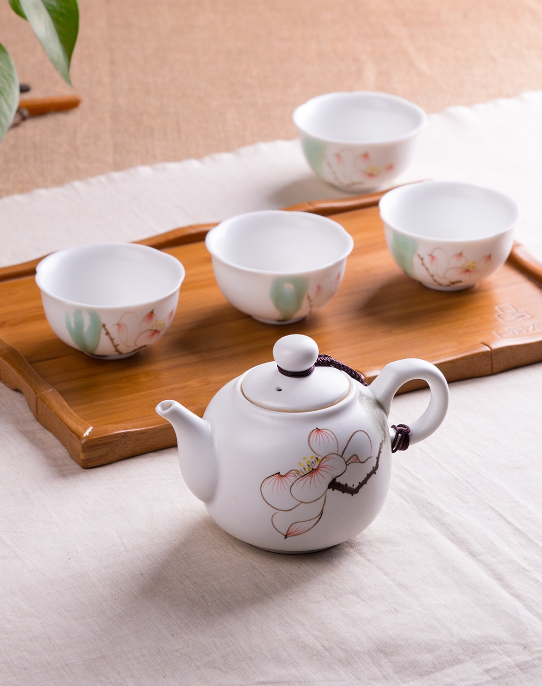 茶人岭精选茶叶专场花开见禅 禅定手绘白瓷茶具茶盘6件套8080013_唯品