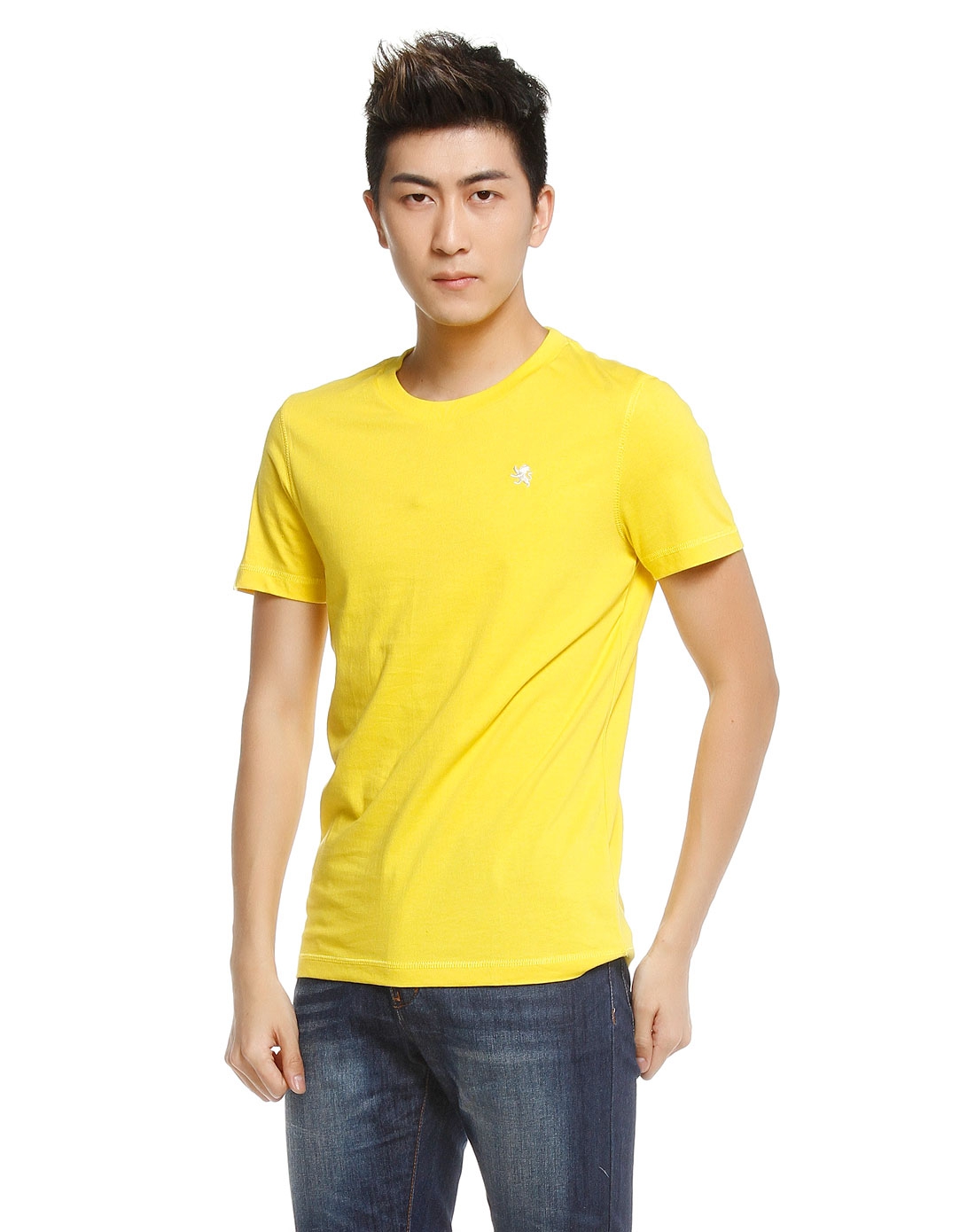柠檬黄色休闲圆领短袖t恤