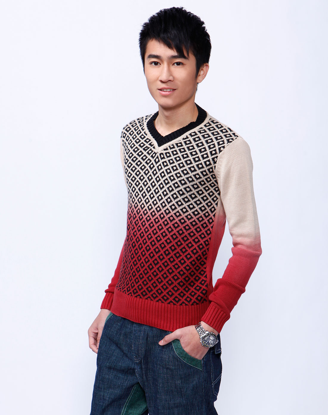 男款杏/红色黑网格长袖毛衫